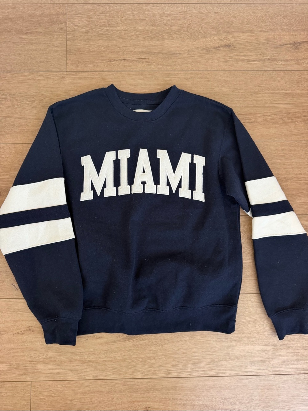 Navy "MIAMI" Crewneck Sweater with White Stripes